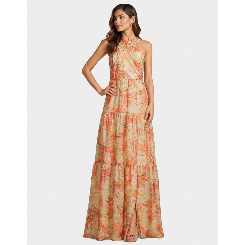 AIDAN MATTOX New Womens Maxi Dress 6 Halter Tiere Metallic Coral Floral Abstract